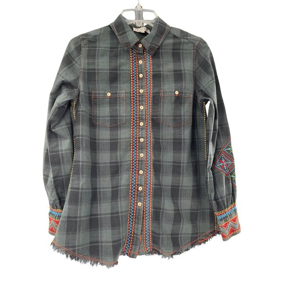 3J Workshop Johnny Was Plaid Shirt Embroidered Accents Fringe Hem Womens S - Picture 1 of 8